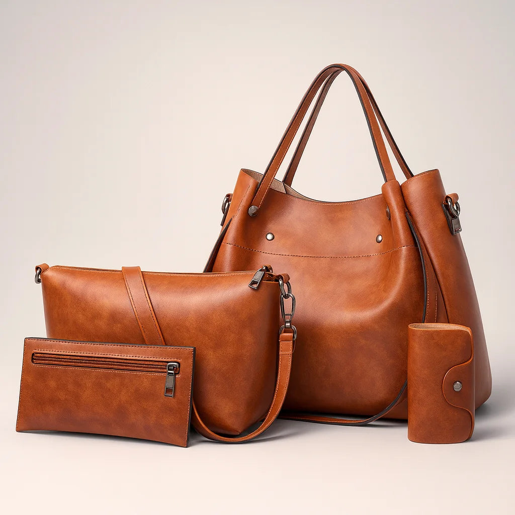 4-piece PU leather tote bag set with handbag, crossbody, clutch, and card holder – Marivelle Set by Jewellar