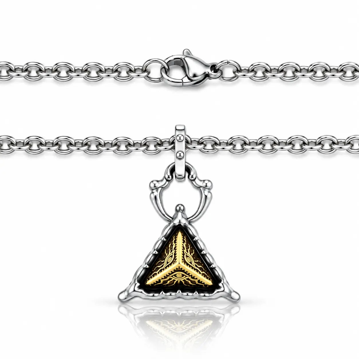 A silver-toned chain necklace with a triangular pendant featuring a black center and a gold Y-shaped design, shown on a clean white background with a reflection below.