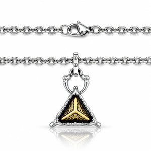 A silver-toned chain necklace with a triangular pendant featuring a black center and a gold Y-shaped design, shown on a clean white background with a reflection below.