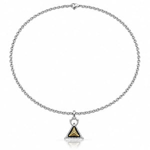 A silver chain necklace with a triangular pendant featuring a gold-toned center and black inlay, displayed on a clean white background.
