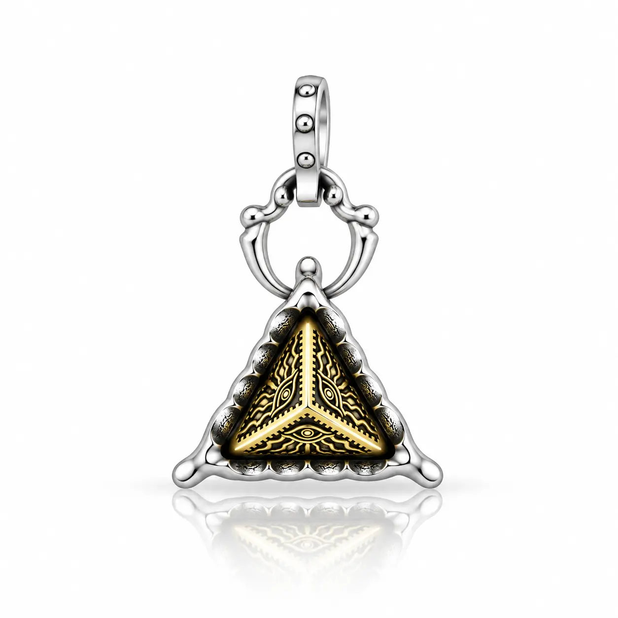 A sterling silver and gold pendant charm featuring a triangular design with an ornate gold pattern on a black background, set in a polished silver frame with a decorative bail at the top.