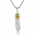 A silver-toned feather pendant necklace with a textured silver feather body, a gold-toned top section, and a round turquoise blue stone in the center, suspended from a silver chain on a white background.