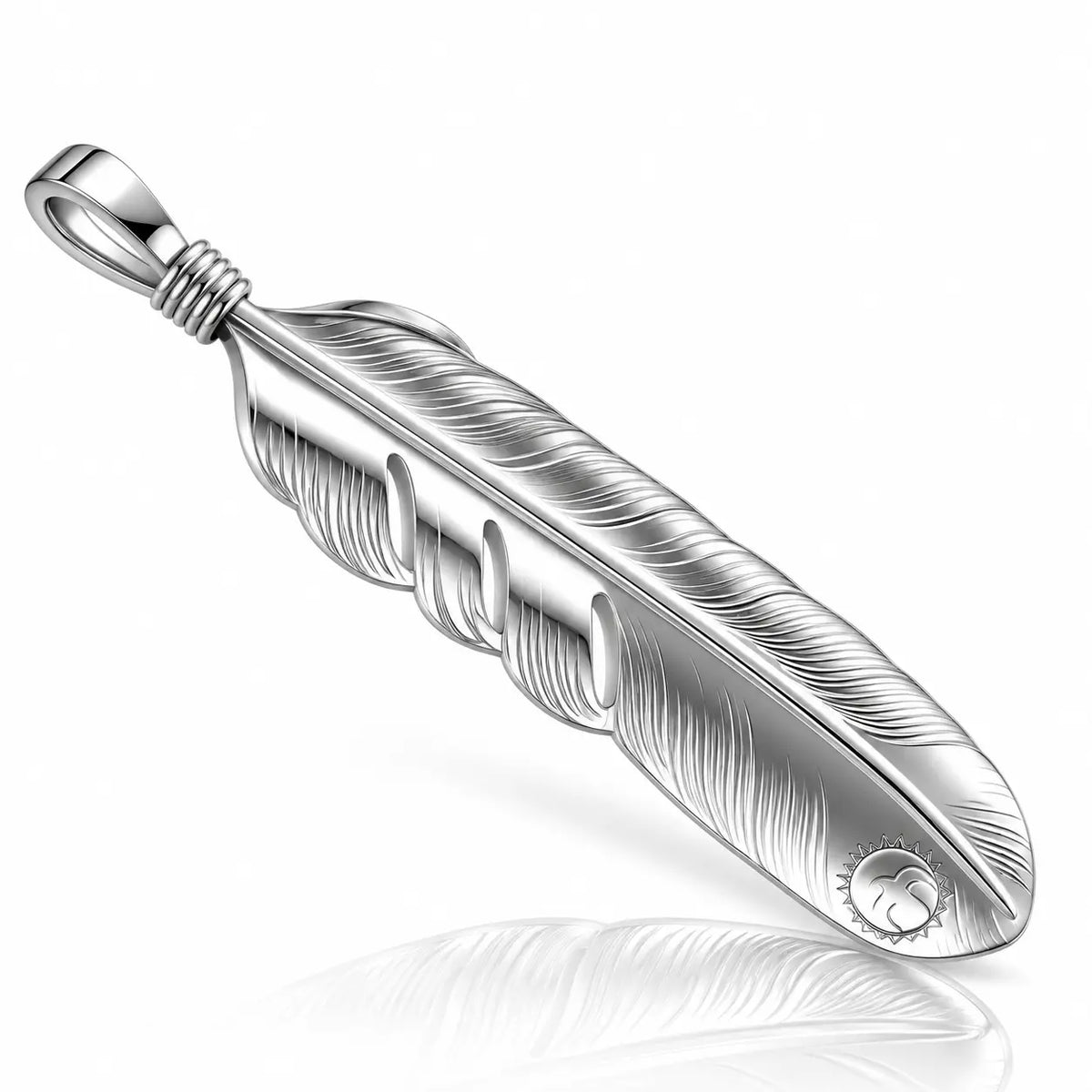A sterling silver feather pendant with detailed feather barbs and a wrapped bail, shown on a clean white background with a soft reflection below.