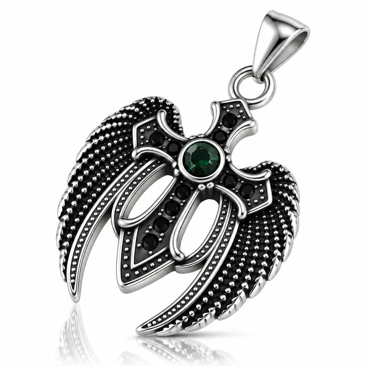 A silver-toned angel wing pendant featuring a central green gemstone surrounded by small black stones, set against a clean white background with a subtle reflection.