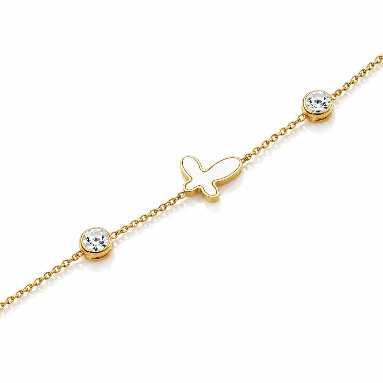 A delicate gold chain bracelet featuring a small butterfly-shaped charm in the center and two bezel-set round clear stones on either side, shown on a clean white background.