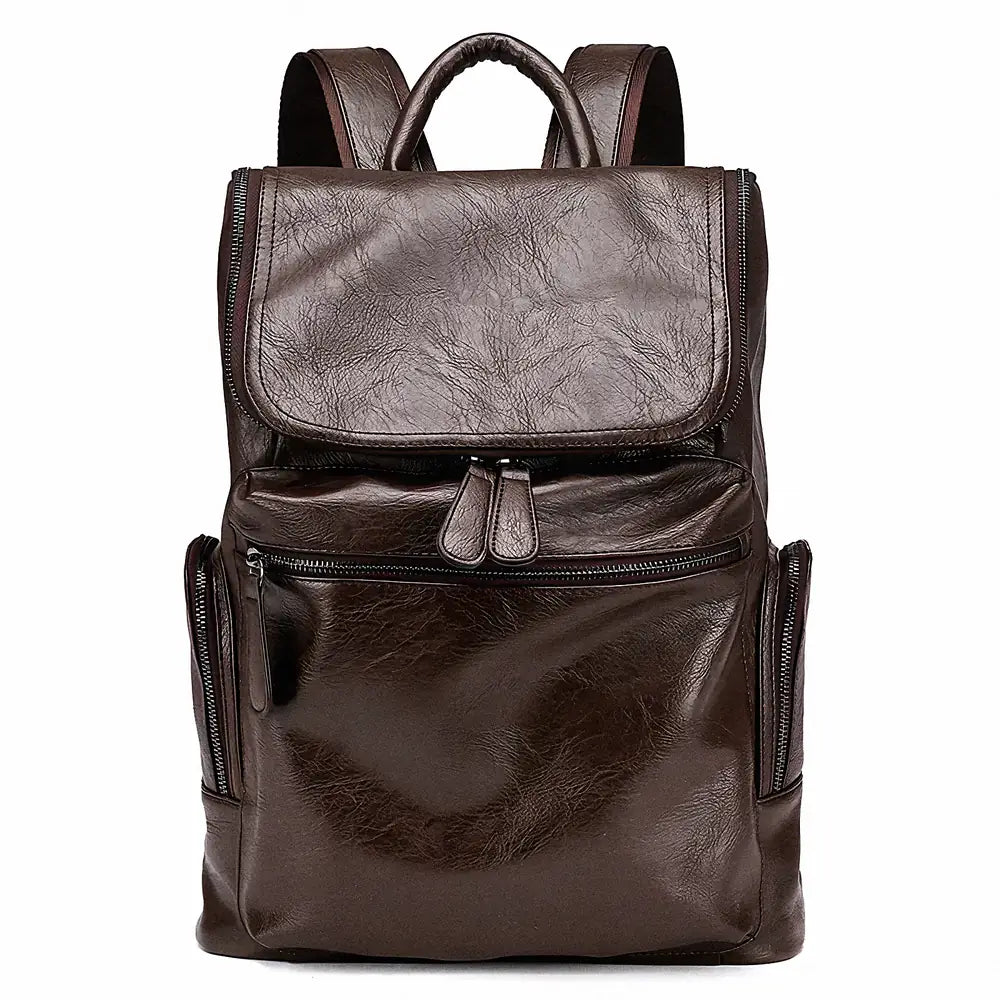 MetroCraft unisex PU leather laptop backpack in Black or Brown, minimalist design, 12×35×40 cm, lightweight 0.8 kg.
