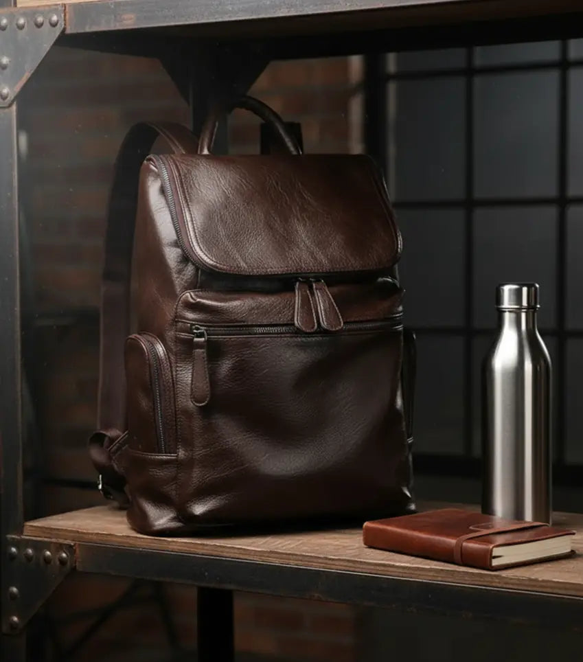 MetroCraft unisex PU leather laptop backpack in Black or Brown, minimalist design, 12×35×40 cm, lightweight 0.8 kg.
