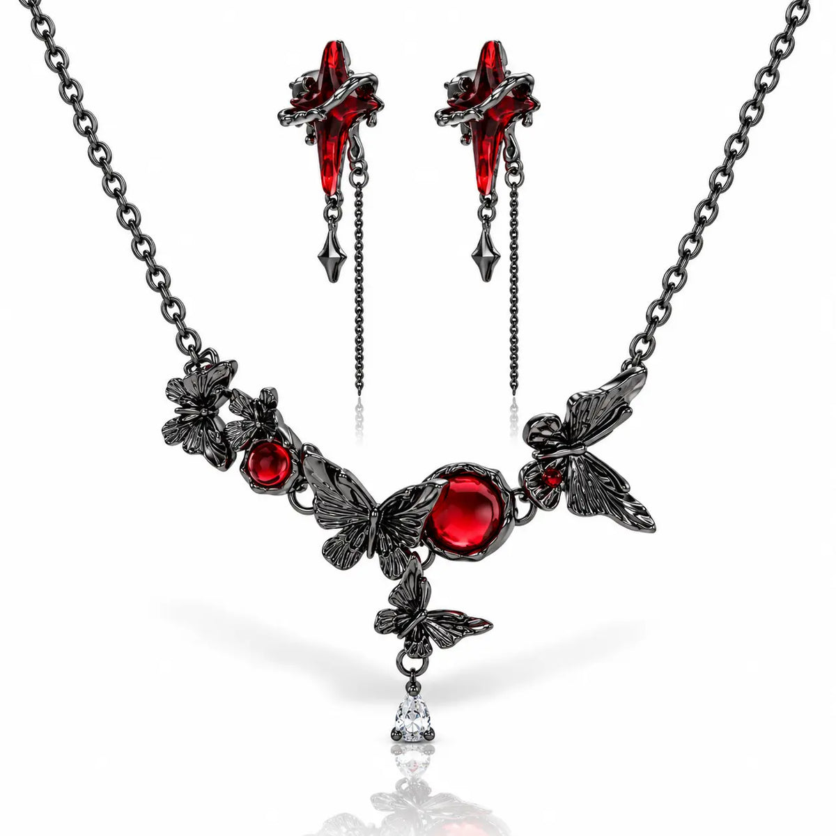 Midnight Butterfly Red Resin Jewelry Set - Gunmetal