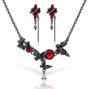 Midnight Butterfly Red Resin Jewelry Set - Gunmetal