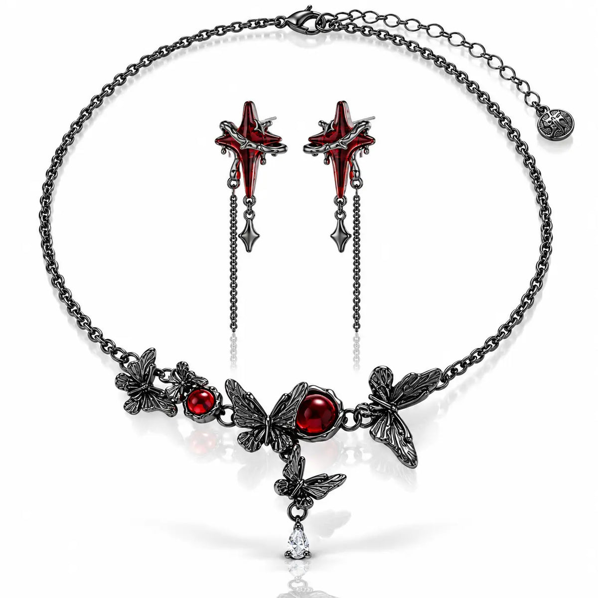 Midnight Butterfly Red Resin Jewelry Set - Gunmetal