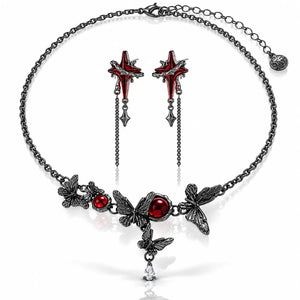 Midnight Butterfly Red Resin Jewelry Set - Gunmetal