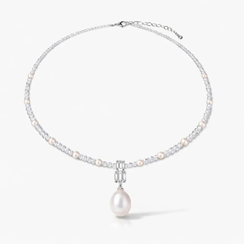 925 silver necklace with round pearls, crystal beads, and a large pearl drop pendant