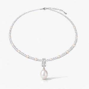 925 silver necklace with round pearls, crystal beads, and a large pearl drop pendant