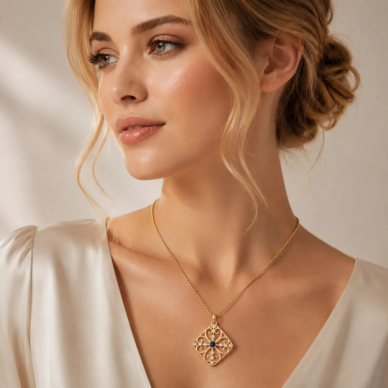 A close-up lifestyle shot of a woman wearing a delicate gold pendant necklace with a central dark blue stone and surrounding gold filigree, paired with a cream satin top.