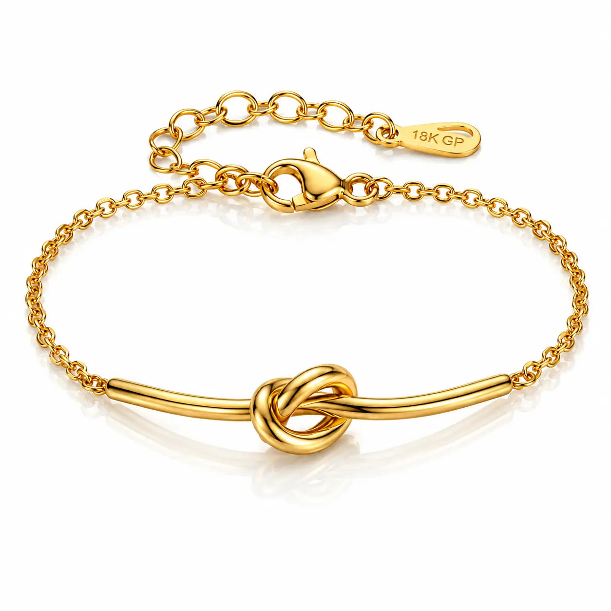A gold-plated bracelet featuring a central knotted bar design, a classic lobster clasp, and an adjustable link chain extender with a '18K GP' hallmark tag, shown on a clean white background.
