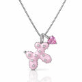 A silver-tone box chain necklace featuring a pink enamel balloon pendant embellished with small clear stones, and a dangling pink heart-shaped gemstone charm, shown on a white background with a soft reflection.