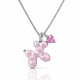 A silver-tone box chain necklace featuring a pink enamel balloon pendant embellished with small clear stones, and a dangling pink heart-shaped gemstone charm, shown on a white background with a soft reflection.