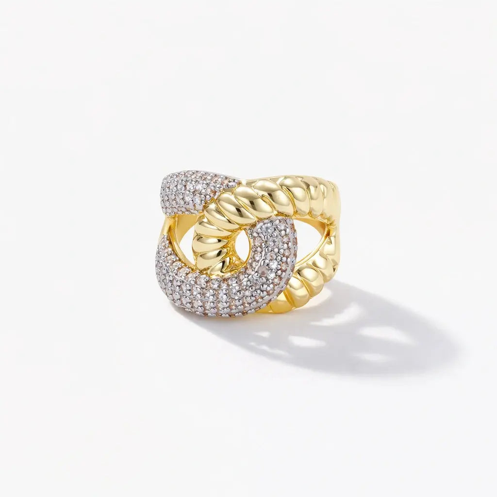 18K gold plated chunky chain ring with textured links and pavé crystal accents on white background