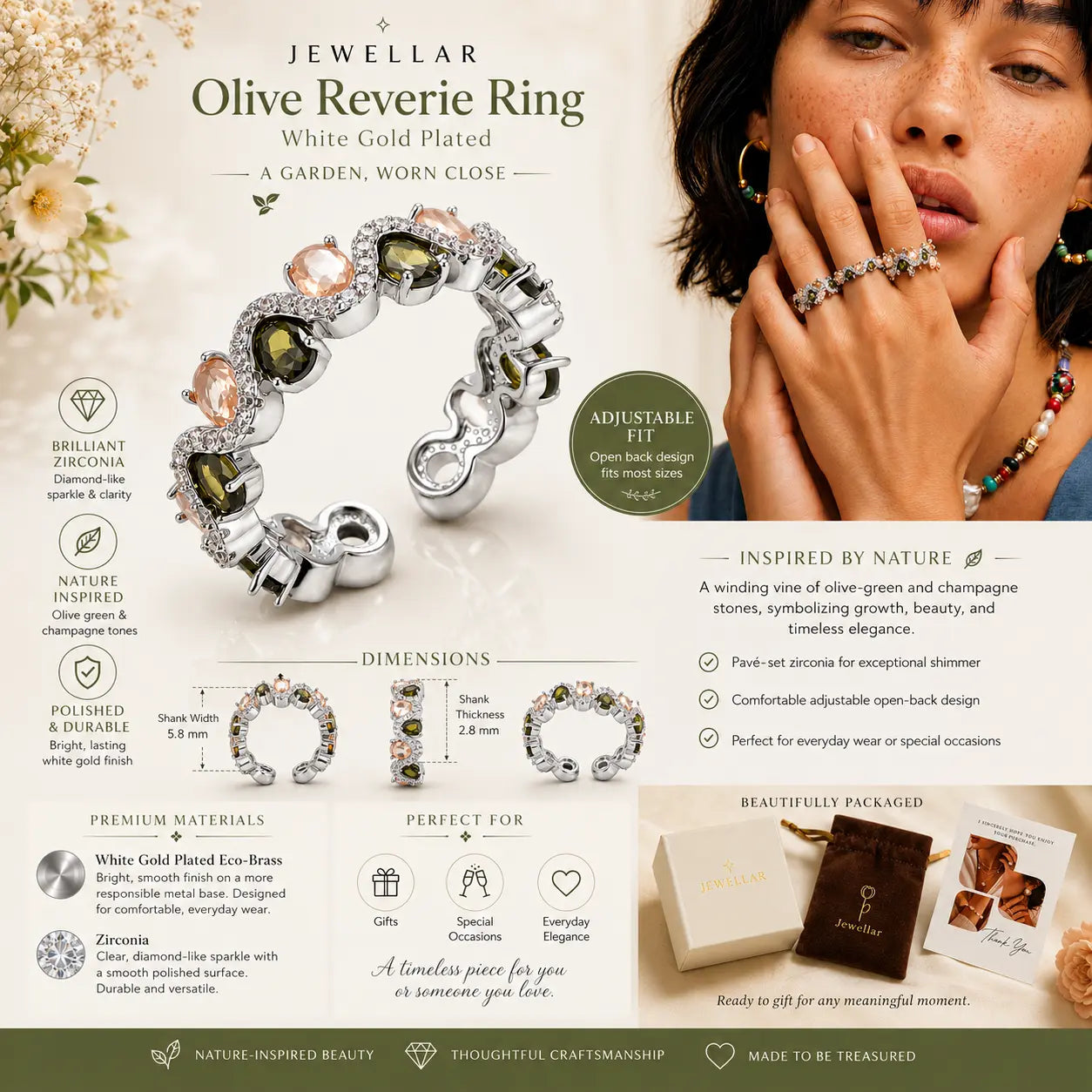 Olive Reverie Ring - White Gold Plated