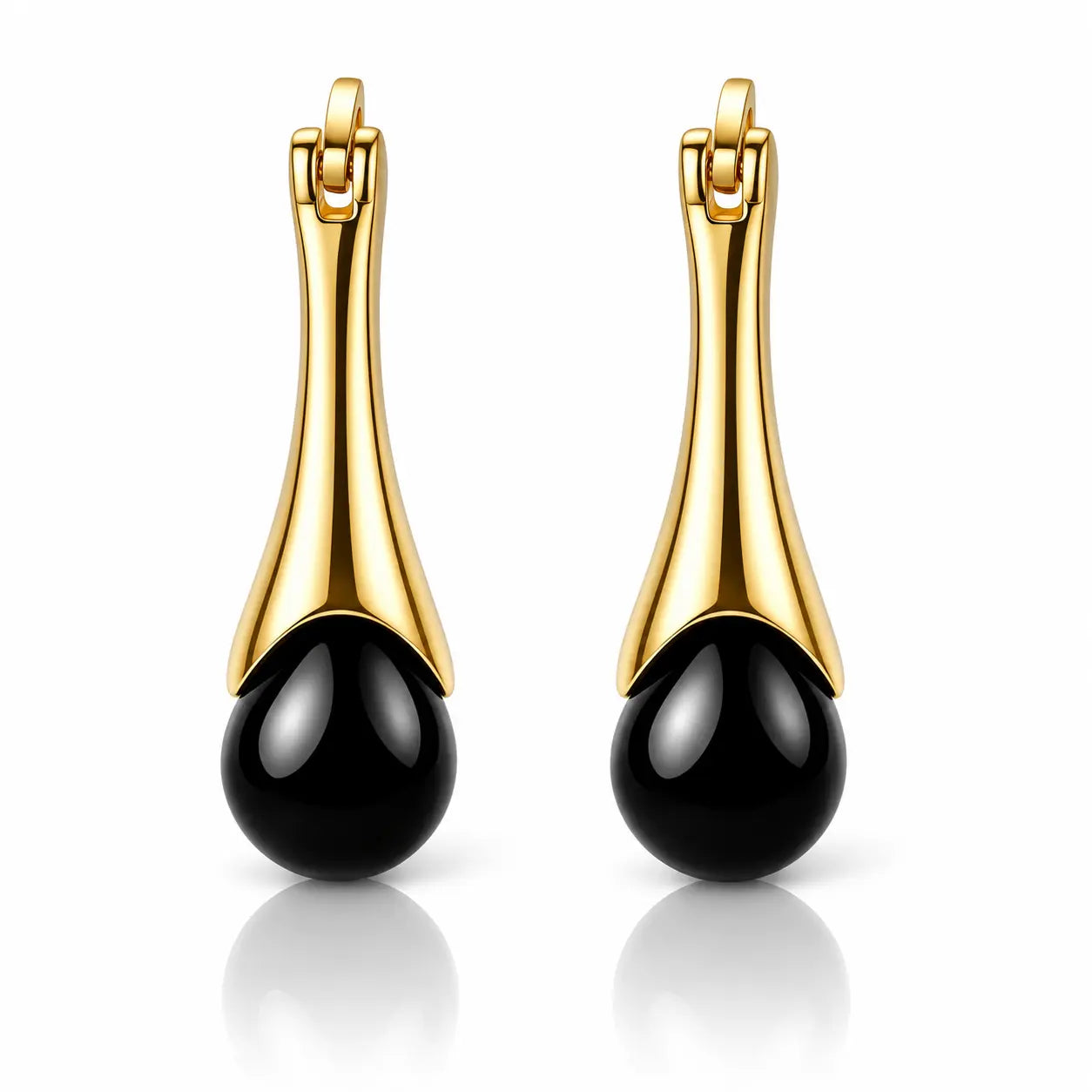 A pair of gold and black drop earrings with a polished gold-tone curved upper section and a glossy black teardrop-shaped bead at the bottom, shown on a white background with a soft reflection.