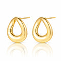 A pair of polished gold teardrop-shaped hoop earrings with post backs, displayed on a clean white background with a soft reflection below.