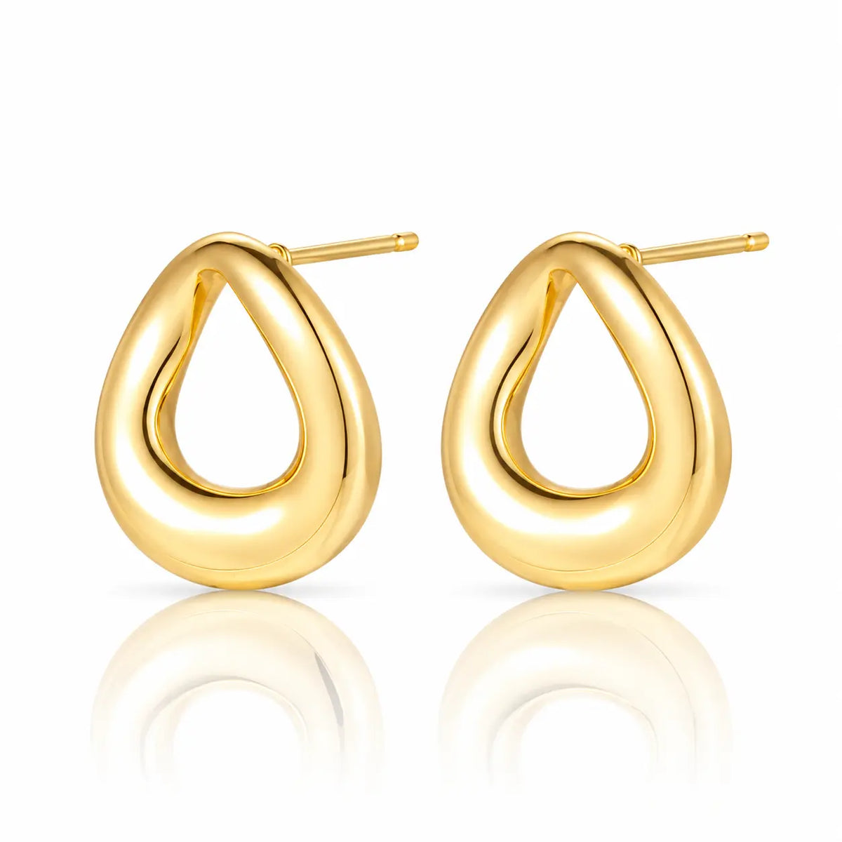 A pair of polished gold teardrop-shaped hoop earrings with post backs, displayed on a clean white background with a soft reflection below.