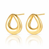 A pair of polished gold teardrop-shaped hoop earrings with post backs, displayed on a clean white background with a soft reflection below.