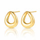 A pair of polished gold teardrop-shaped hoop earrings with post backs, displayed on a clean white background with a soft reflection below.