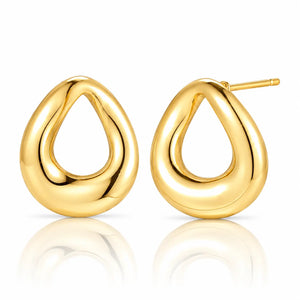 A pair of polished gold teardrop-shaped hoop earrings with a post back, displayed on a clean white background with a soft reflection below.