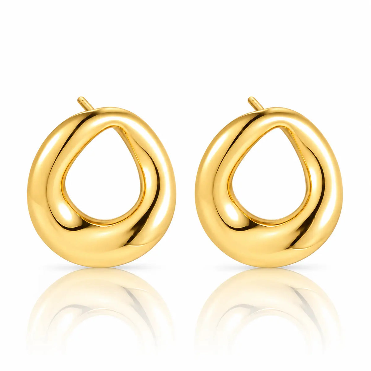 A pair of polished gold abstract teardrop hoop earrings with a smooth, glossy finish, displayed on a clean white background with a soft reflection below.