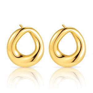 A pair of polished gold abstract teardrop hoop earrings with a smooth, glossy finish, displayed on a clean white background with a soft reflection below.