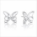 A pair of silver butterfly stud earrings shown on a clean white background with soft reflections below. One earring is facing forward and the other is angled to show the side profile and post.