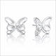 A pair of silver butterfly stud earrings shown on a clean white background with soft reflections below. One earring is facing forward and the other is angled to show the side profile and post.