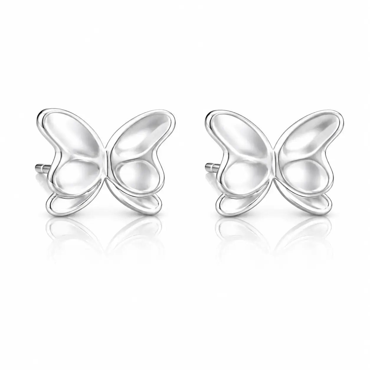 A pair of silver butterfly stud earrings with a polished, reflective finish, displayed side-by-side on a clean white background with soft reflections below.
