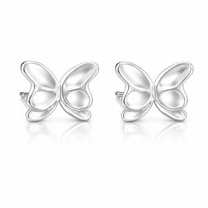 A pair of silver butterfly stud earrings with a polished, reflective finish, displayed side-by-side on a clean white background with soft reflections below.