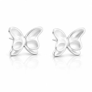 A pair of silver butterfly stud earrings with a polished, reflective finish, displayed on a clean white background with soft reflections below.