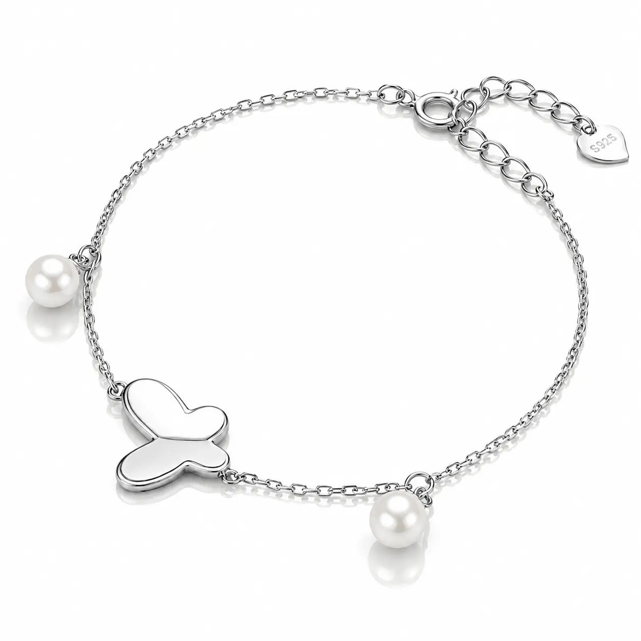A silver chain bracelet featuring a central heart-shaped charm, two small white pearls, and a heart-shaped brand tag engraved with 'SOL' on a clean white background.