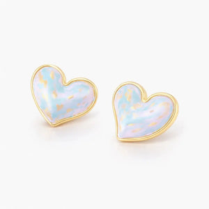 Pastel aura heart stud earrings with gold trim on white background