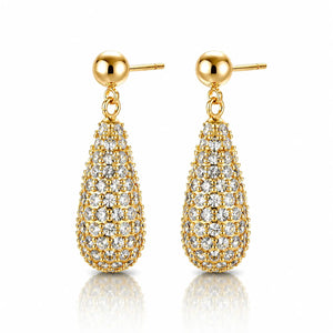 A pair of gold teardrop dangle earrings with pavé-set clear stones, featuring round gold post backings, displayed on a clean white background with a soft reflection.
