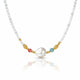 A delicate white pearl beaded necklace featuring a central irregular white pearl, accented by gold-toned beads, a small coral-red bead, and a light blue-green bead on a white background.
