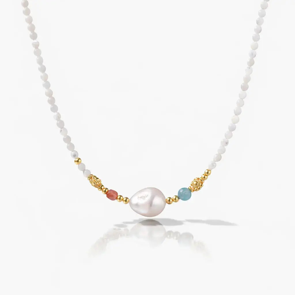 Pearl Garden Beaded Necklace – Freshwater Pearl, Emerald & Coral in 18K Gold Vermeil Jewellar
