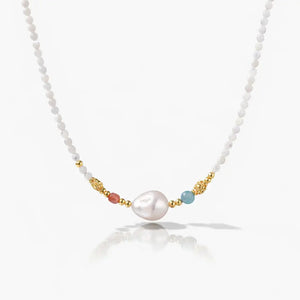 Pearl Garden Beaded Necklace – Freshwater Pearl, Emerald & Coral in 18K Gold Vermeil Jewellar
