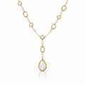 A gold and pearl necklace featuring a Y-shaped design with a large teardrop-shaped pearl pendant in a gold frame, set against a clean white background with a subtle reflection.