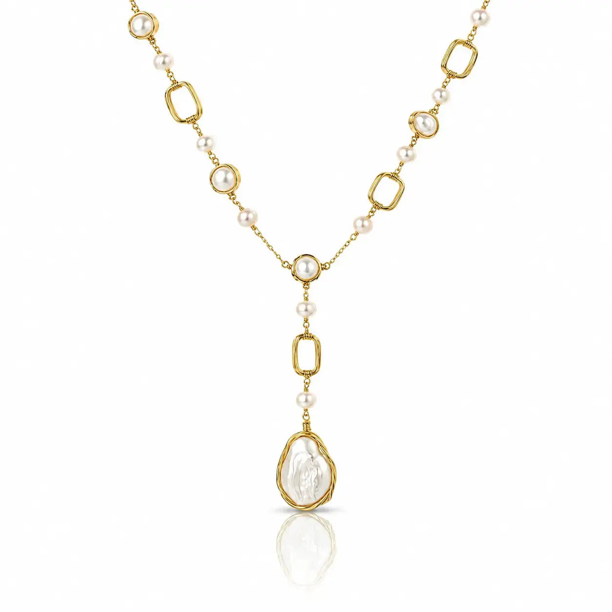 A gold and pearl necklace featuring a Y-shaped design with a large teardrop-shaped pearl pendant in a gold frame, set against a clean white background with a subtle reflection.