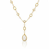 A gold and pearl necklace featuring a Y-shaped design with a large teardrop-shaped pearl pendant in a gold frame, set against a clean white background with a subtle reflection.