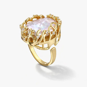 14K gold ring with large baroque pearl and delicate crown-inspired diamond accents