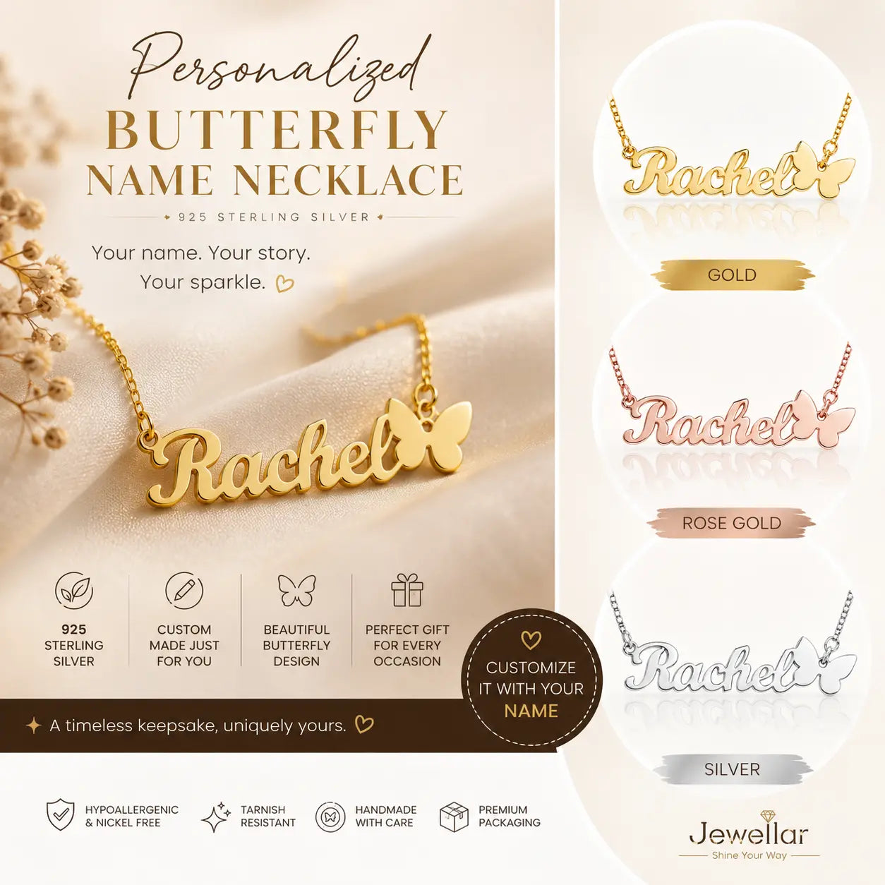 Customizable personalized butterfly name necklace in sterling silver, shown in a gold finish on a soft beige fabric background, alongside options for gold, rose gold, and silver finishes. The brand 'Jewellar' is visible at the bottom right.