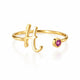 A gold initial ring featuring the letter 'H' in a polished script style, with a small round pink gemstone accent on the opposite side, set against a clean white background with a soft reflection.