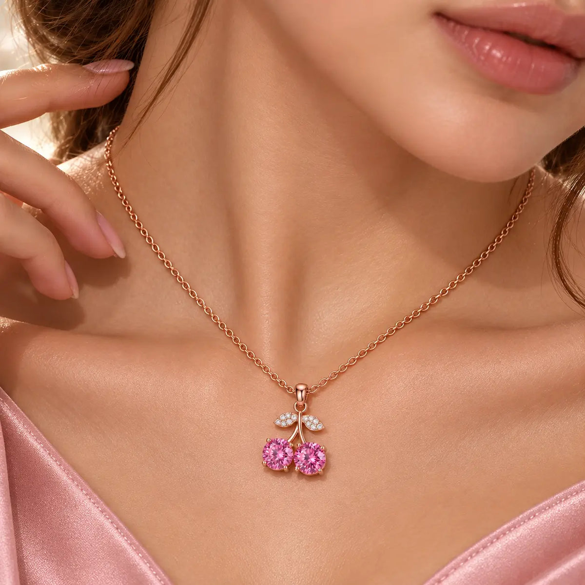 Rose gold cherry pendant necklace featuring two round pink gemstones in the shape of cherries, with leaf details paved with small clear stones, shown on a white background with a reflection.