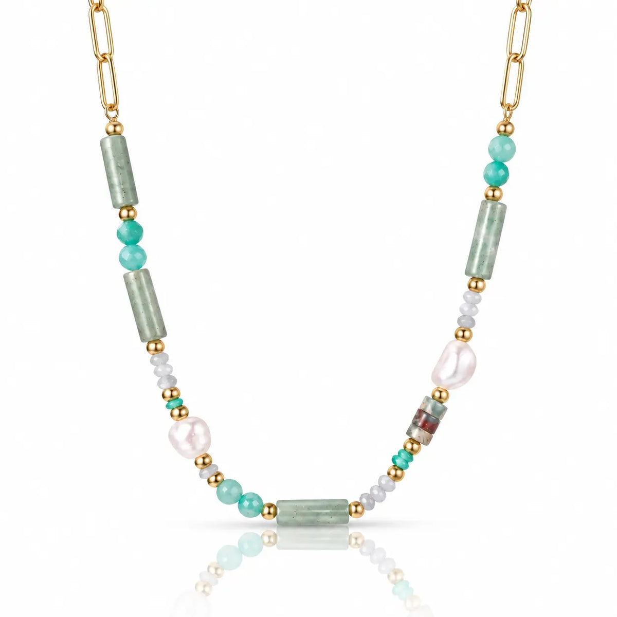 A gold chain necklace featuring green amazonite cylindrical beads, turquoise and white beads, and a large white baroque pearl, displayed on a clean white background with a soft reflection.